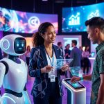 Un robot asistente de IA interactuando con personas en un evento futurista lleno de luces y pantallas digitales, simbolizando la IA para gestión de eventos.