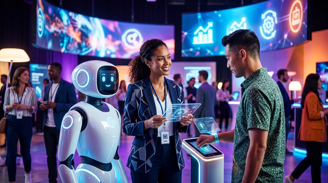 Revoluciona la Gestión de Eventos con IA: Casos Prácticos y el Futuro del Ocio Digital Un robot asistente de IA interactuando con personas en un evento futurista lleno de luces y pantallas digitales, simbolizando la IA para gestión de eventos.