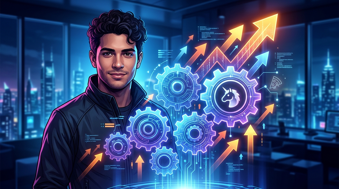 SEO Técnico B2B: La Arquitectura Web que Conquista Clientes Tech Gráfico que ilustra la arquitectura de una web con engranajes y flechas ascendentes, simbolizando el SEO técnico B2B y el crecimiento