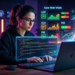 Un programador trabajando en código de optimización SEO técnico para startups, con gráficos de rendimiento web y un cohete despegando de fondo, simbolizando el crecimiento.