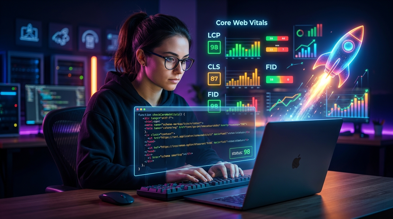 SEO Técnico para Startups: Guía Esencial para el Éxito Digital Un programador trabajando en código de optimización SEO técnico para startups, con gráficos de rendimiento web y un cohete despegando de fondo, simbolizando el crecimiento.